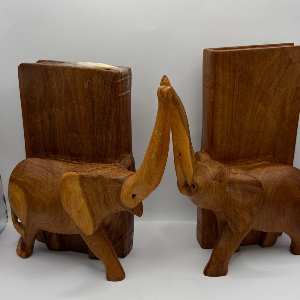 Hand-carved Wooden Elephant Bookends solid. 3 of 4 tusks included